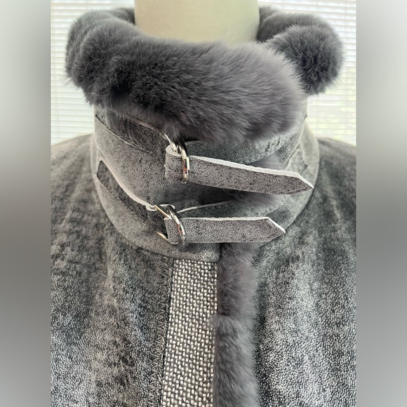 St. John Sport Genuine Fur Trim Gray Suede Jacket retail  $1,000 - Picture 3 of 11